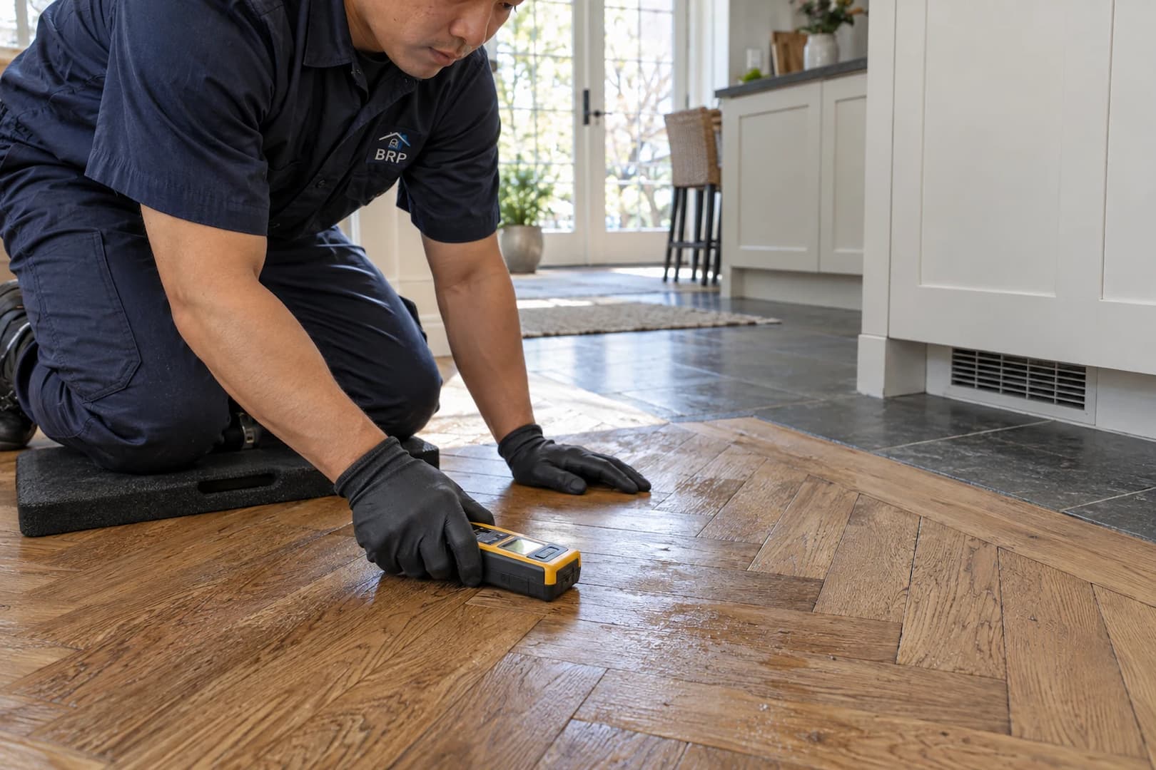 Technician taking a moisture reading at a wood floor