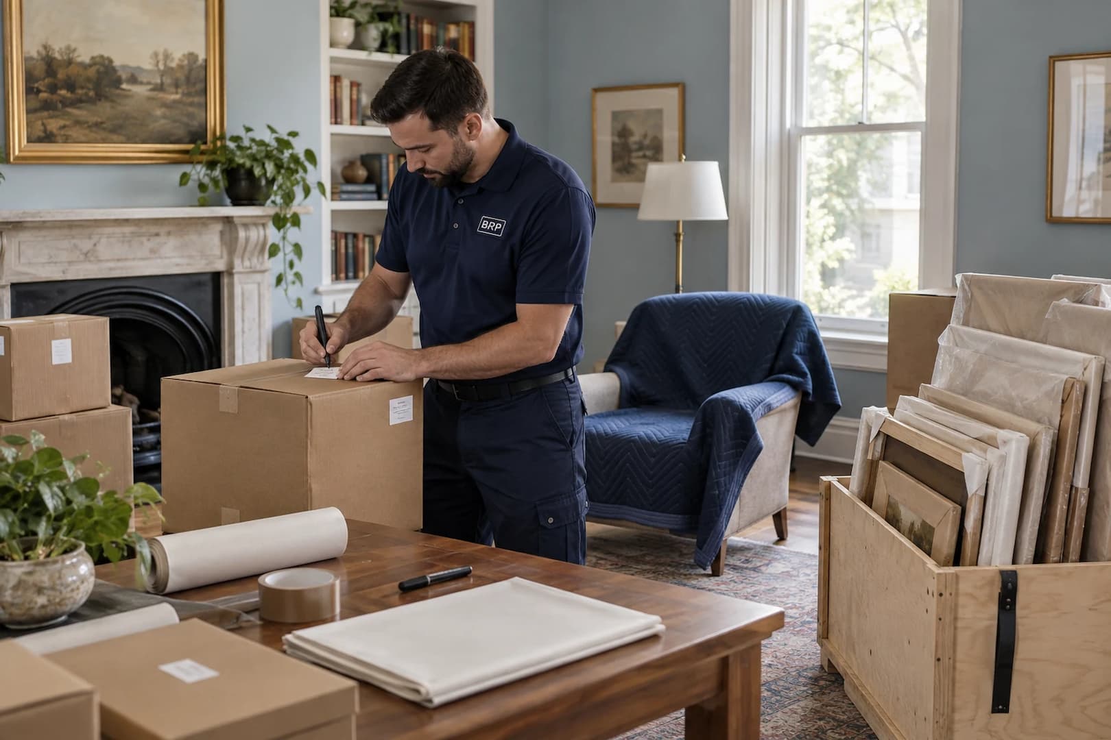 Labeled packing boxes beside protected household items