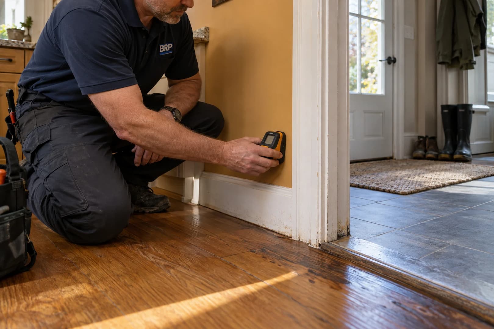 Technician measuring moisture near a room threshold