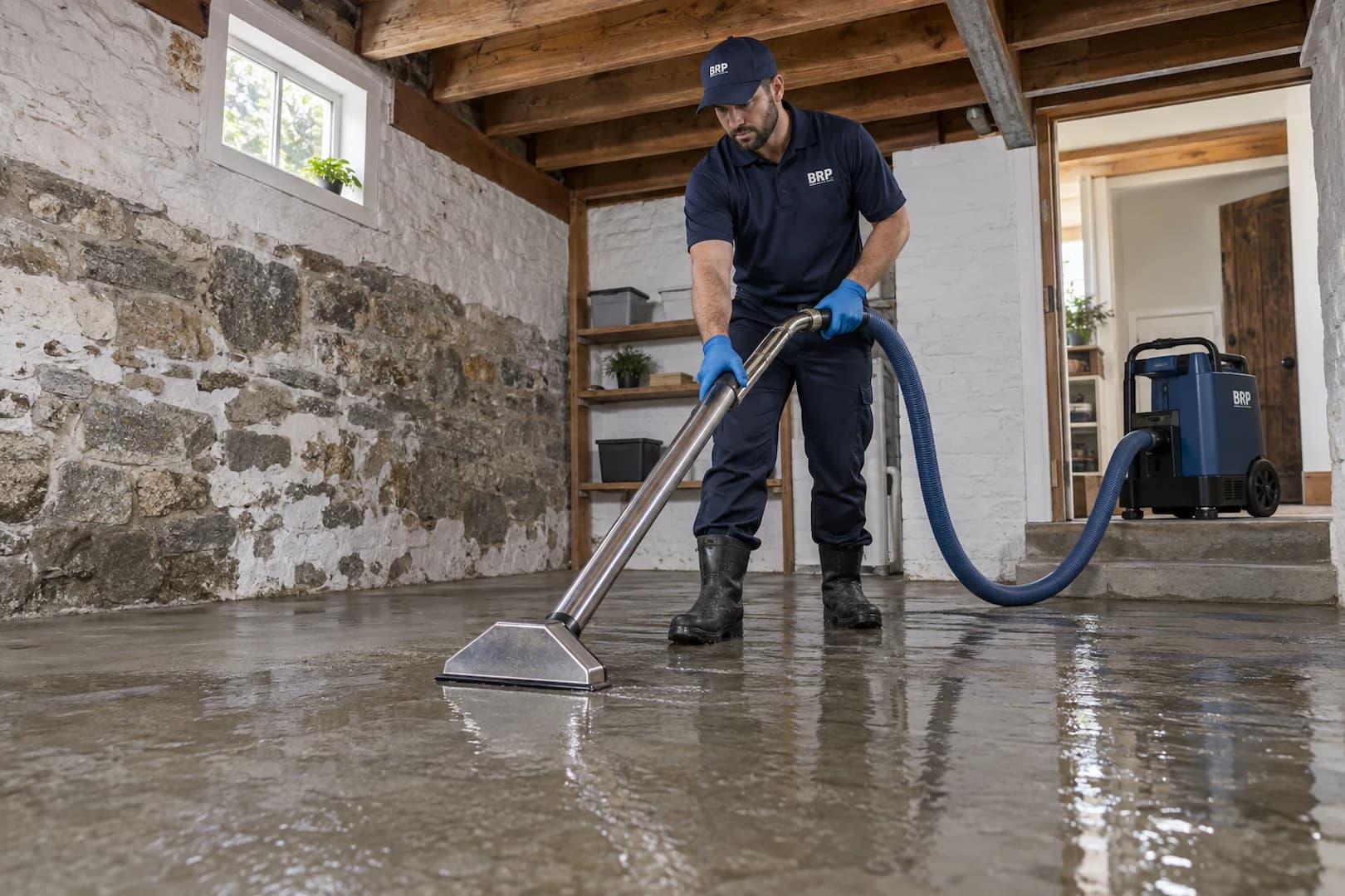 Extraction equipment addressing water on a basement floor