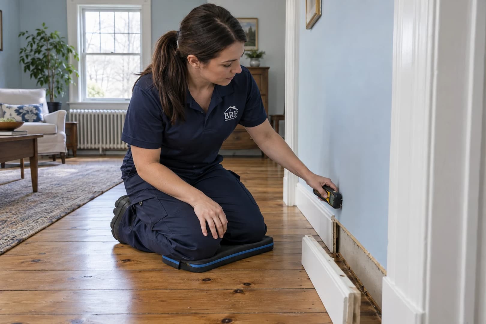Moisture check along a wall during a restoration assessment