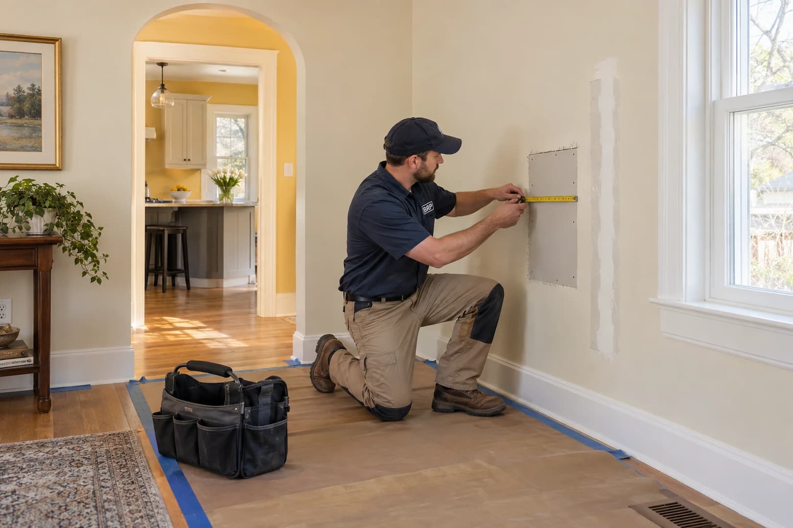 Interior wall repair after preparation of the affected area