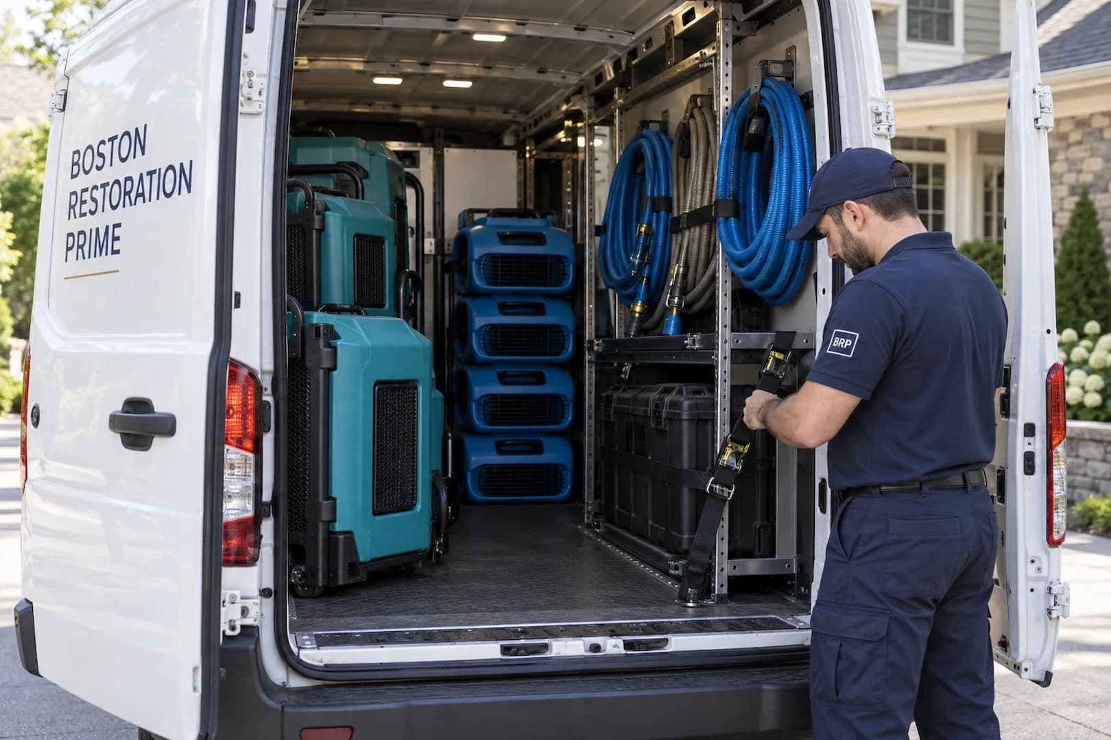 Restoration equipment organized inside a branded service vehicle