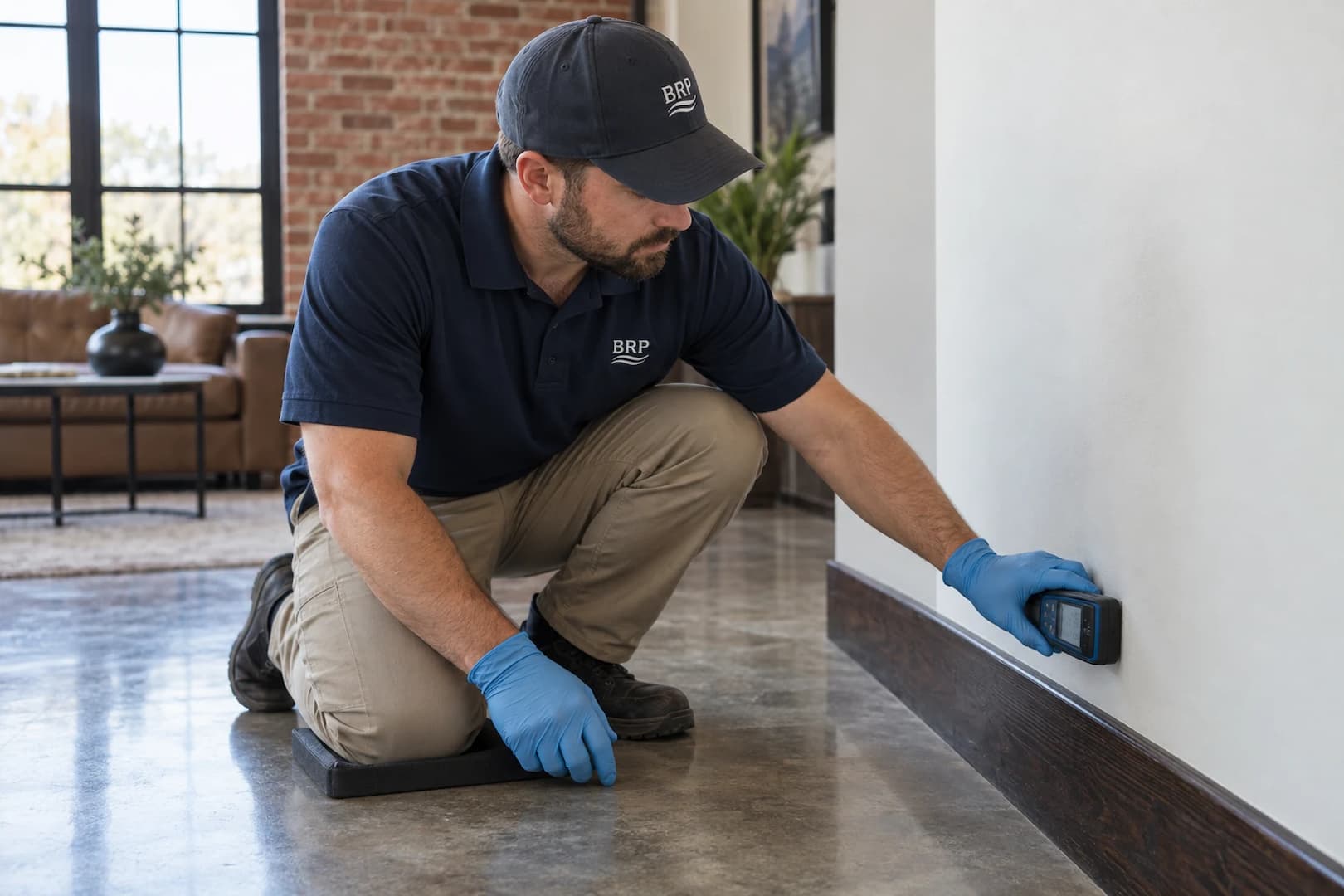 Technician checking moisture at the edge of an interior wall