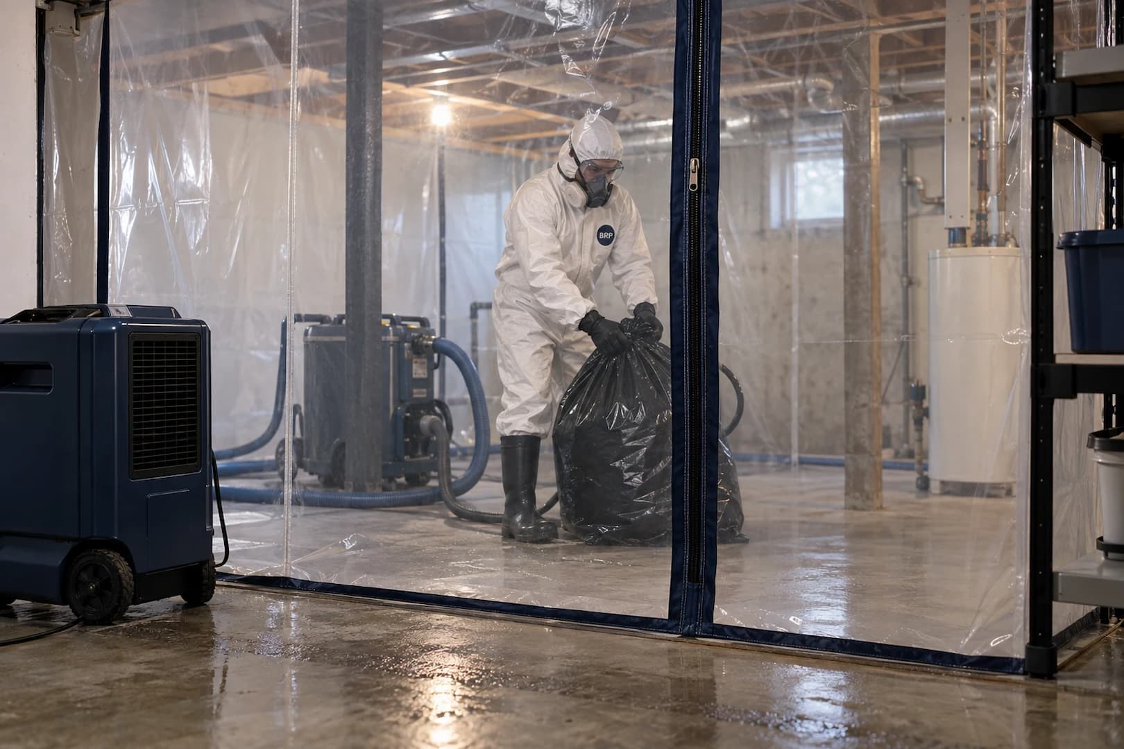 Protected cleanup work zone prepared for contaminated-water restoration