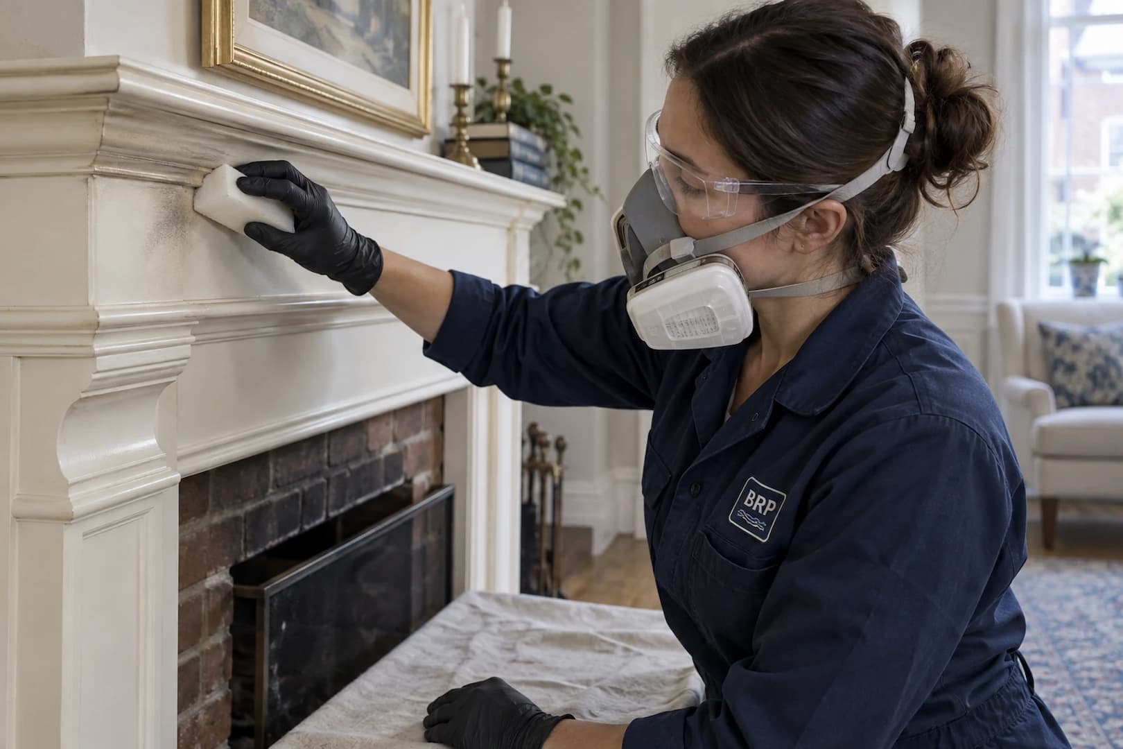 Careful cleaning of smoke residue from an interior mantel