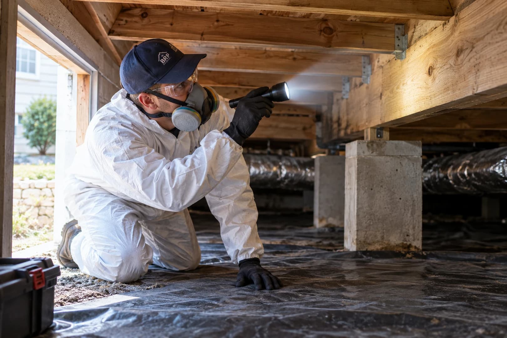 Restoration professional inspecting an accessible dry crawlspace