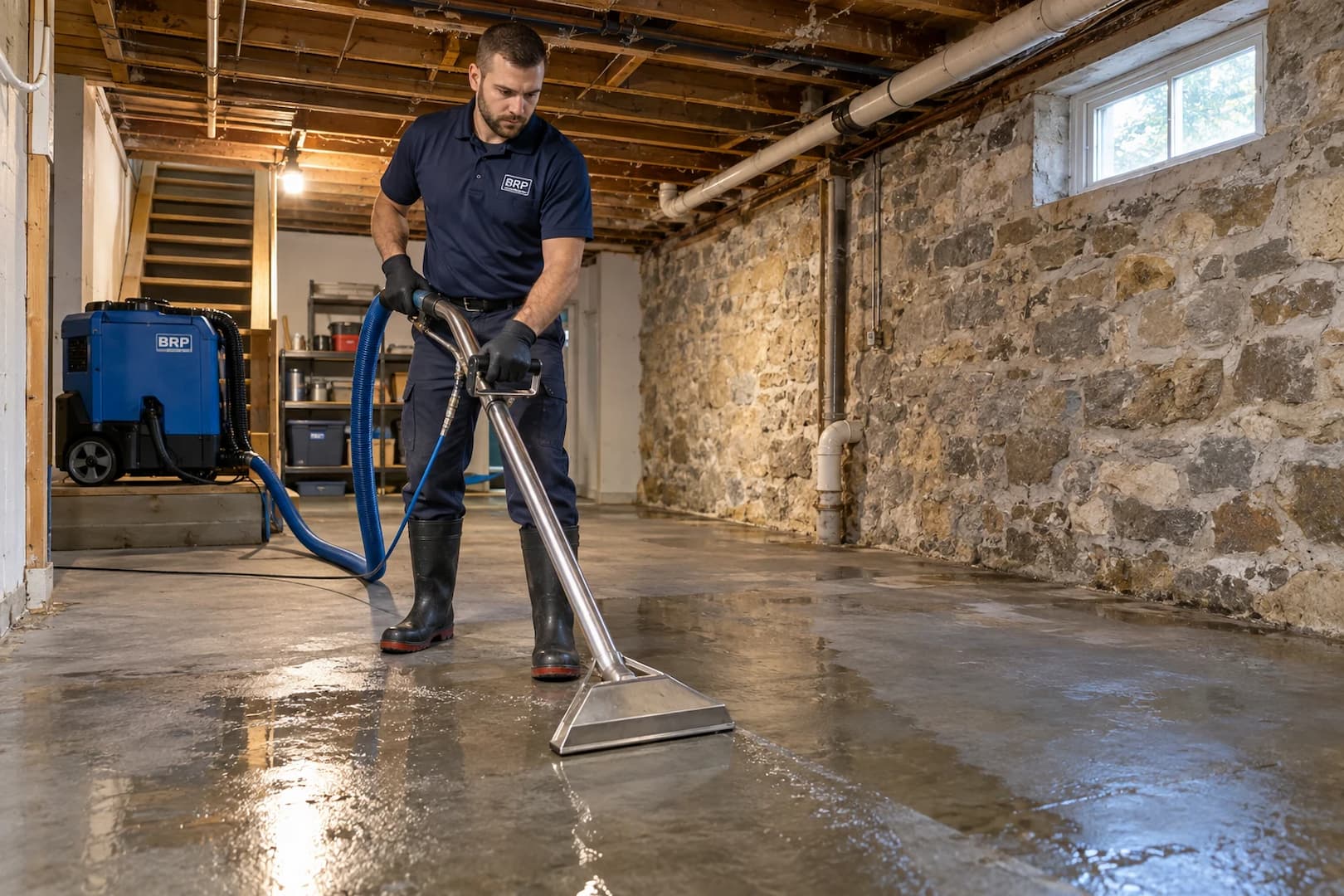 Water extraction equipment working on a basement floor