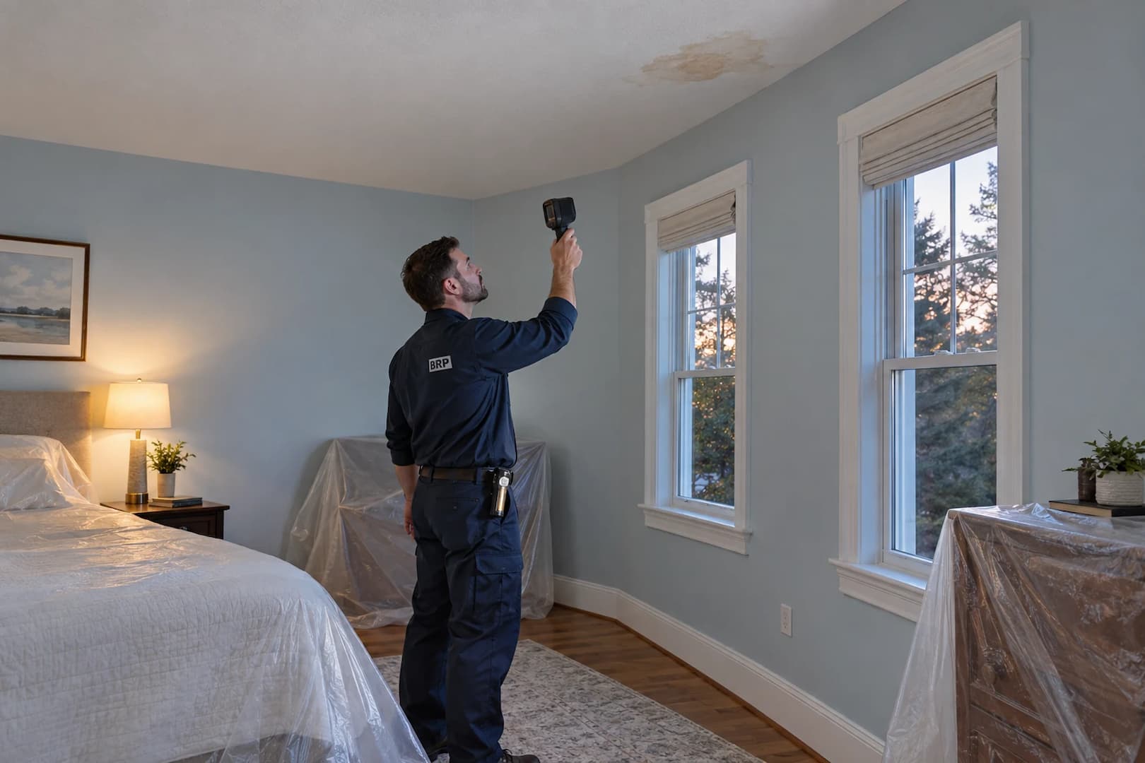 Restoration professional examining a water stain on a ceiling