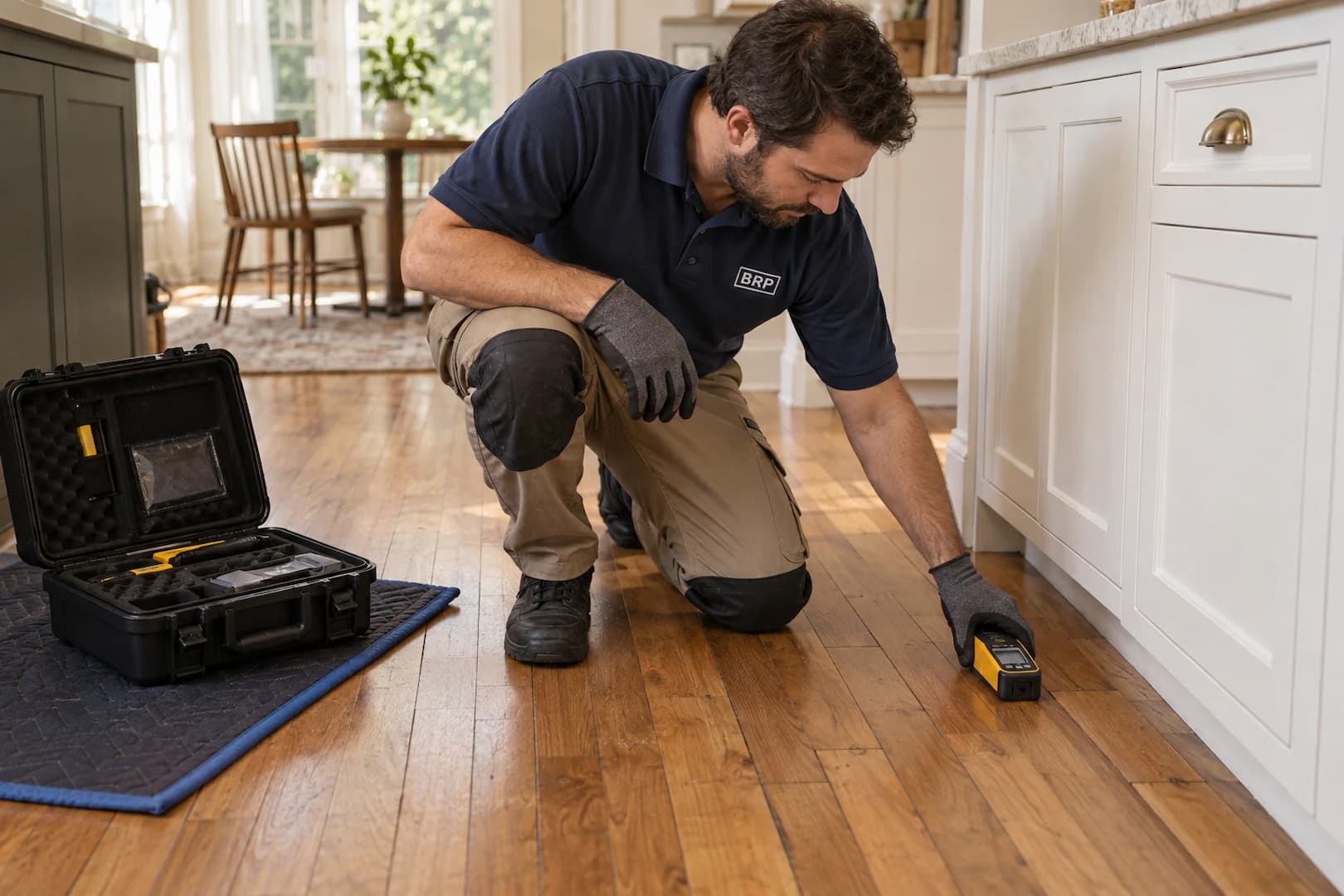 Technician taking a moisture reading on wood flooring