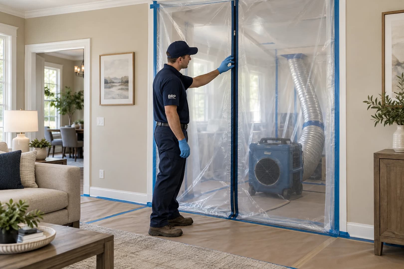 Contained restoration work zone with a closed zippered entry
