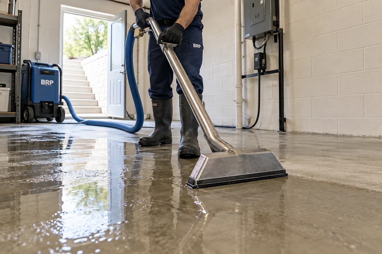 Water extraction hose and equipment in a basement work area