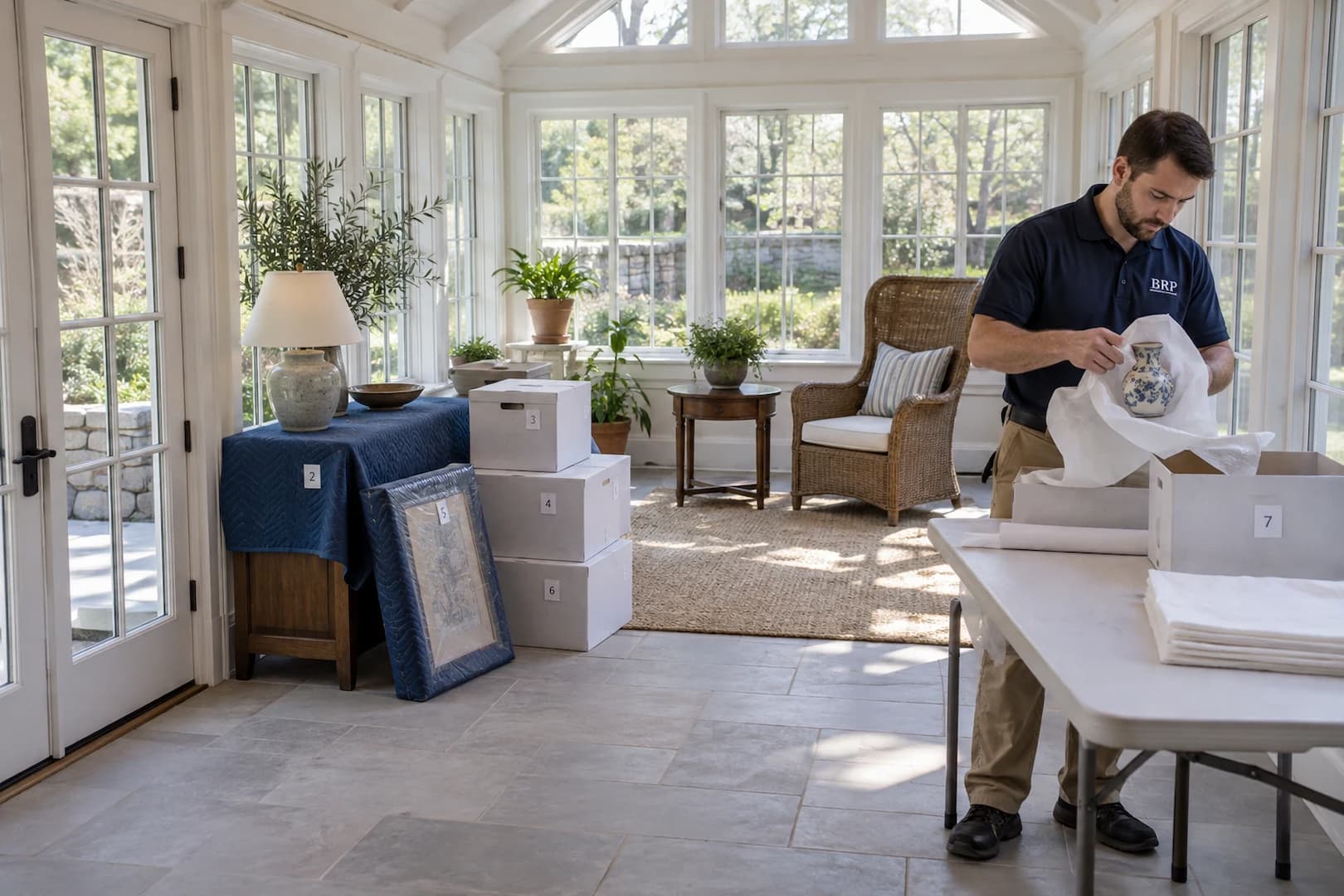 Household belongings protected and packed away from a restoration work zone