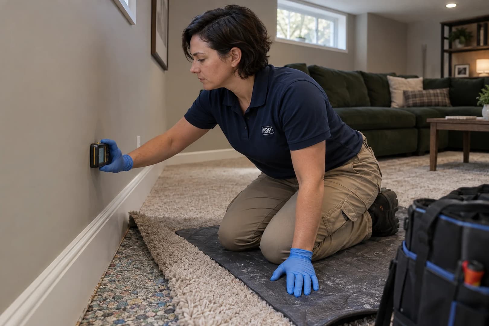 Technician checking moisture near an interior baseboard