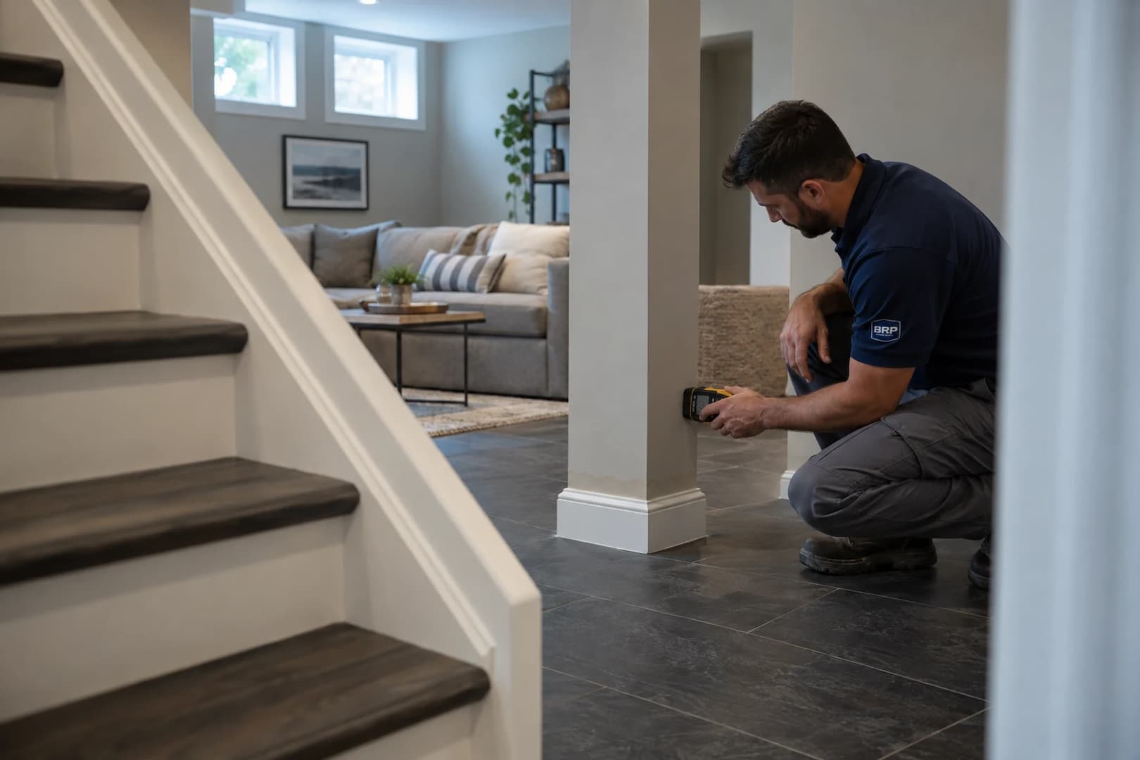 Technician checking moisture at a wall base