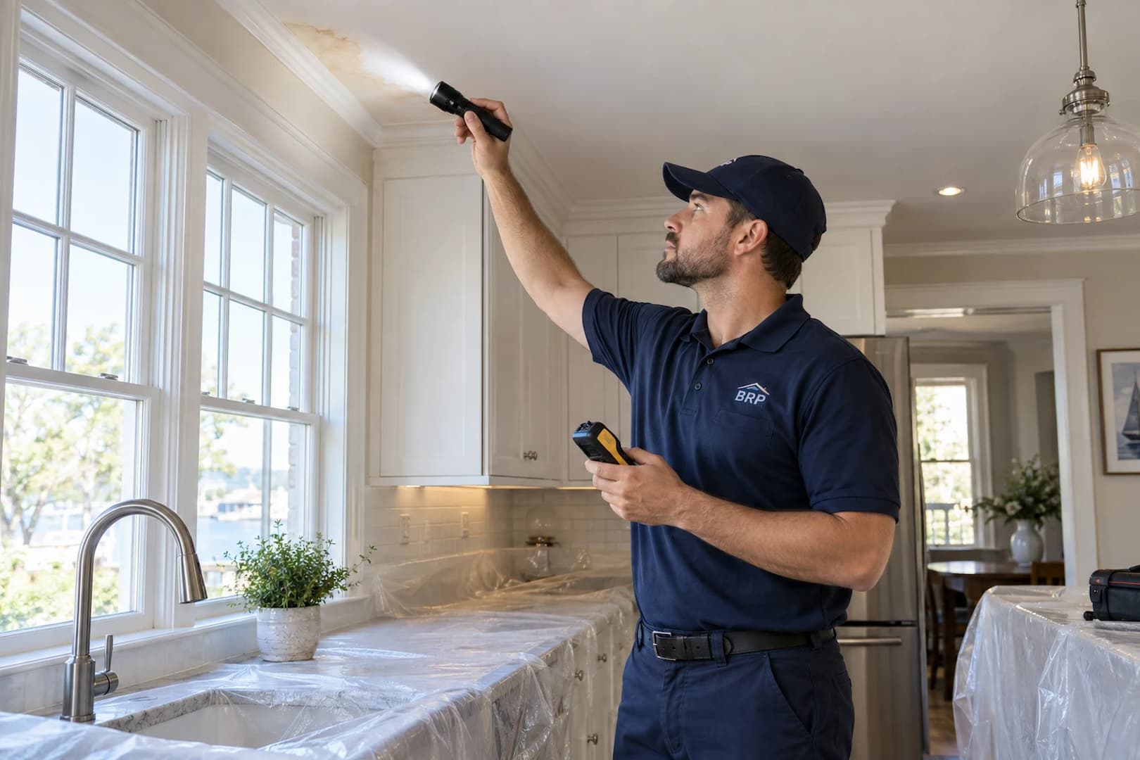 Technician inspecting the edge of a water-stained ceiling