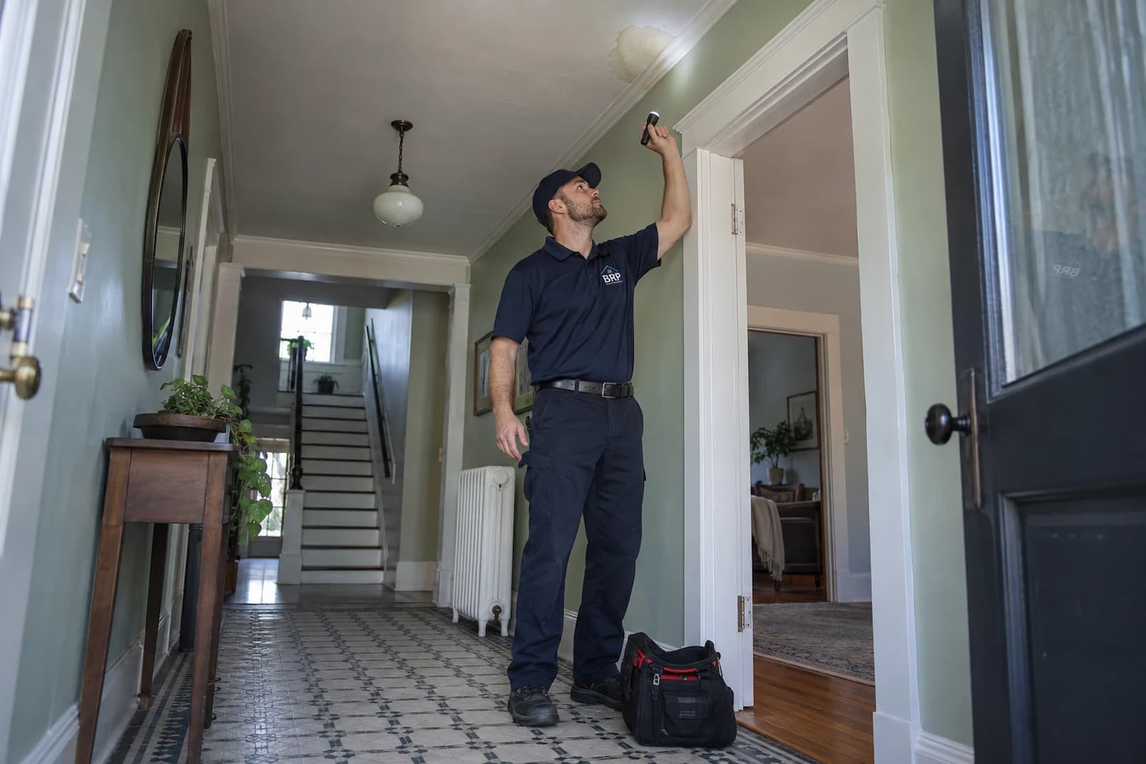 Inspection of a ceiling affected by water from above