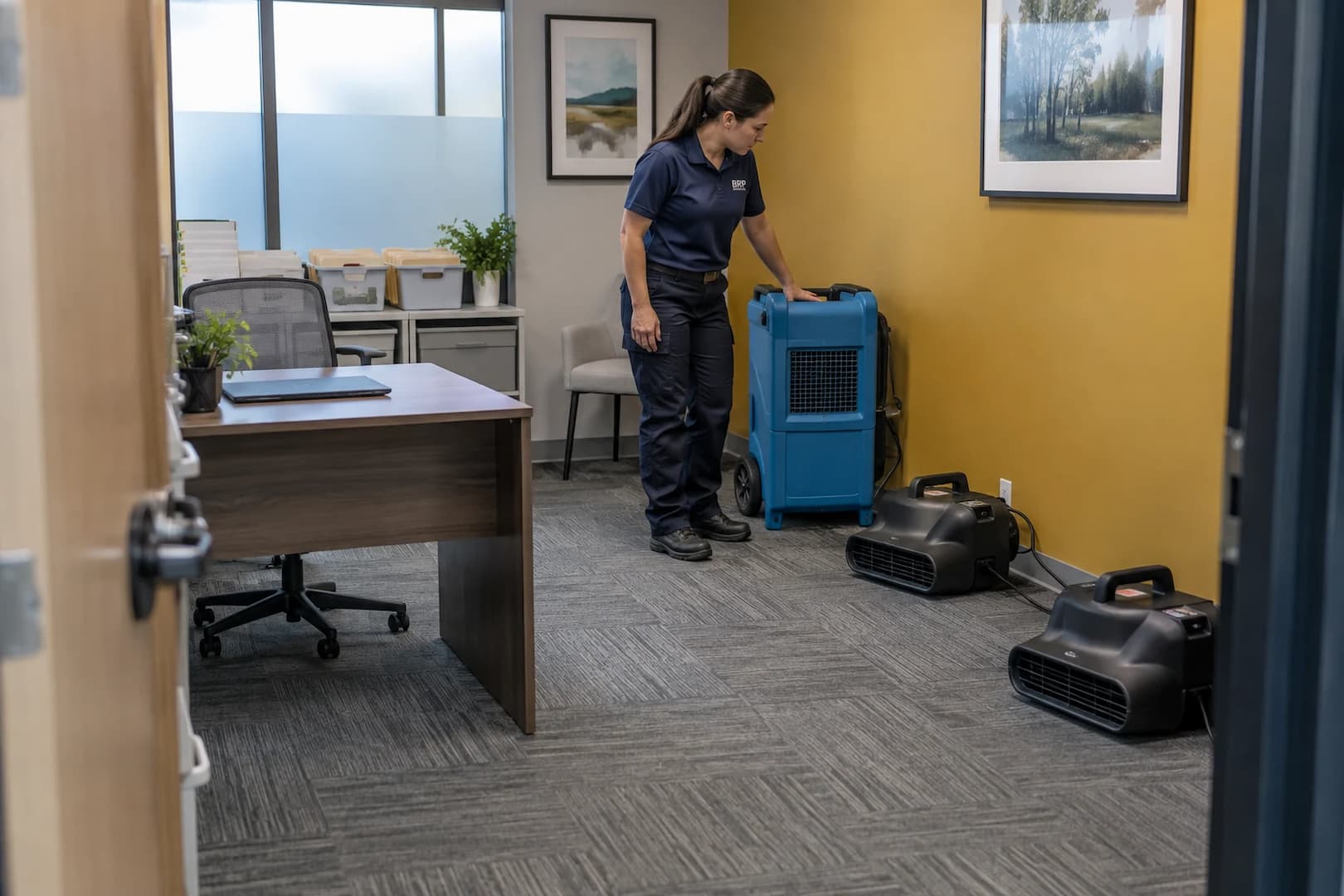 Drying equipment arranged inside an office work area