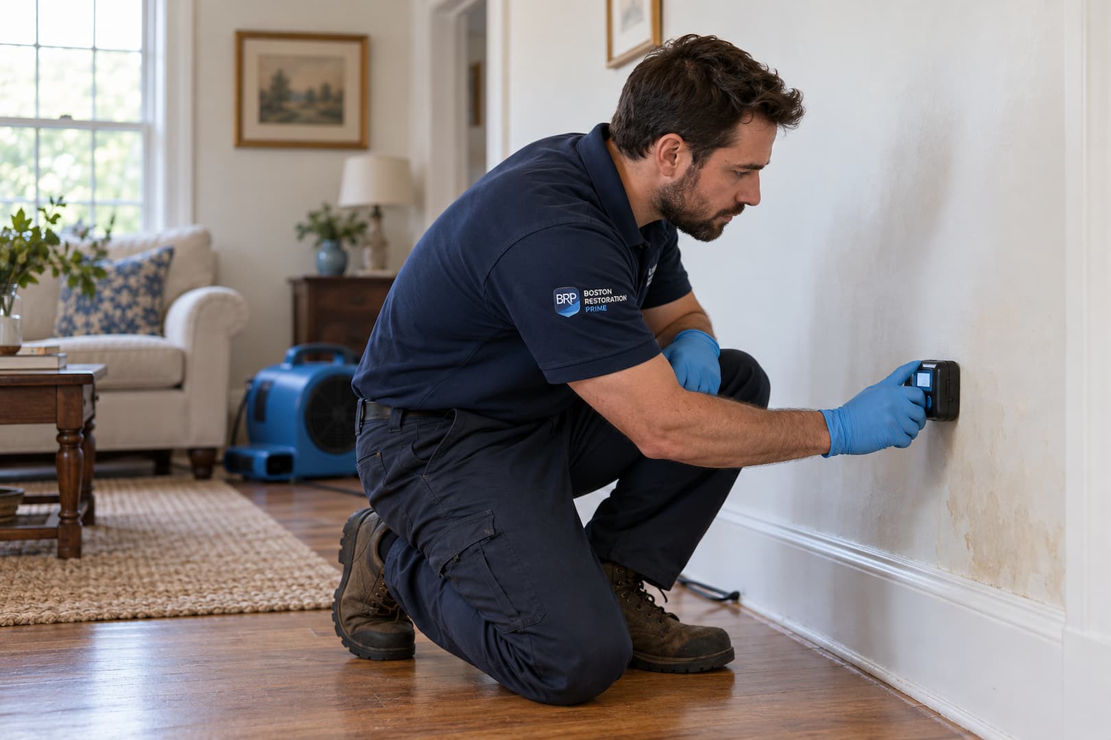 A technician using a moisture meter to check a water-stained wall
